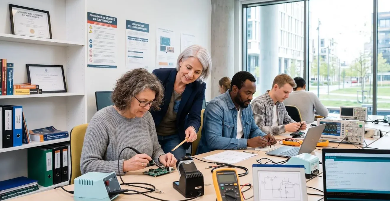 Adultes en formation technique dans un centre moderne, suivant un cours pratique avec équipements professionnels et accompagnement personnalisé