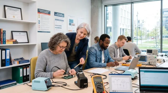 Adultes en formation technique dans un centre moderne, suivant un cours pratique avec équipements professionnels et accompagnement personnalisé