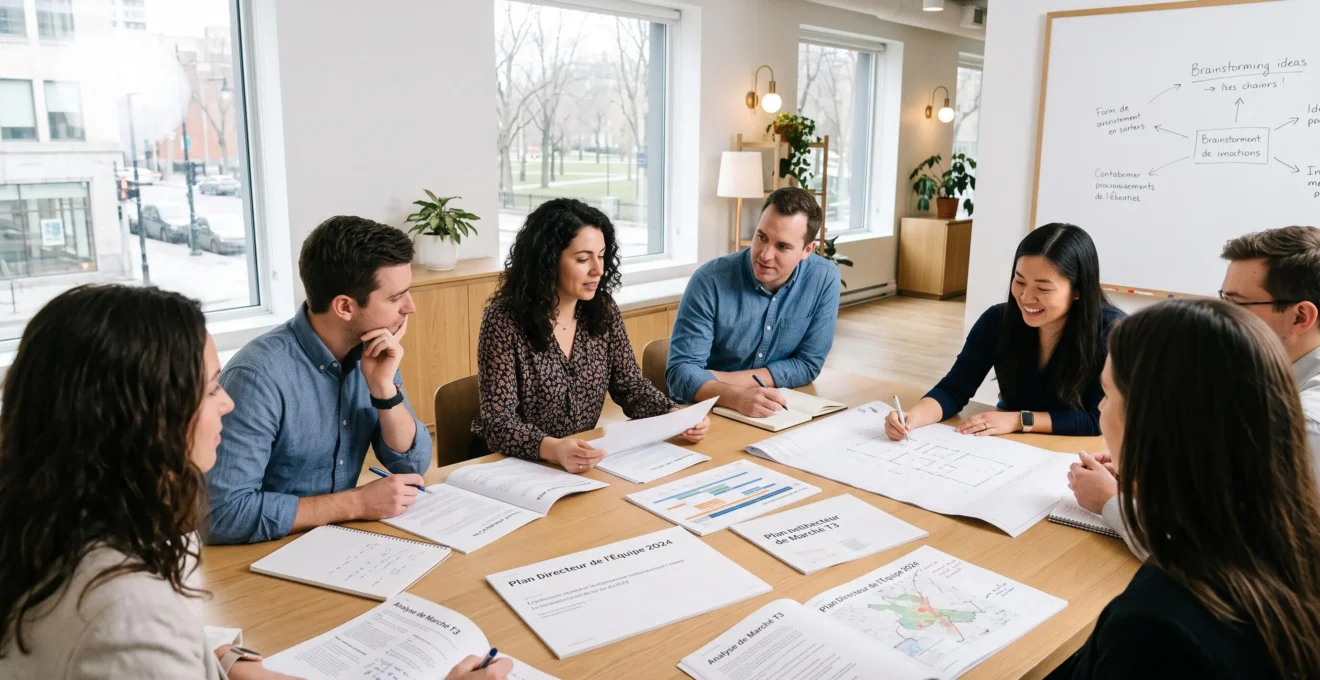 Équipe professionnelle en réunion collaborative dans un bureau moderne, échangeant autour d'un projet commun