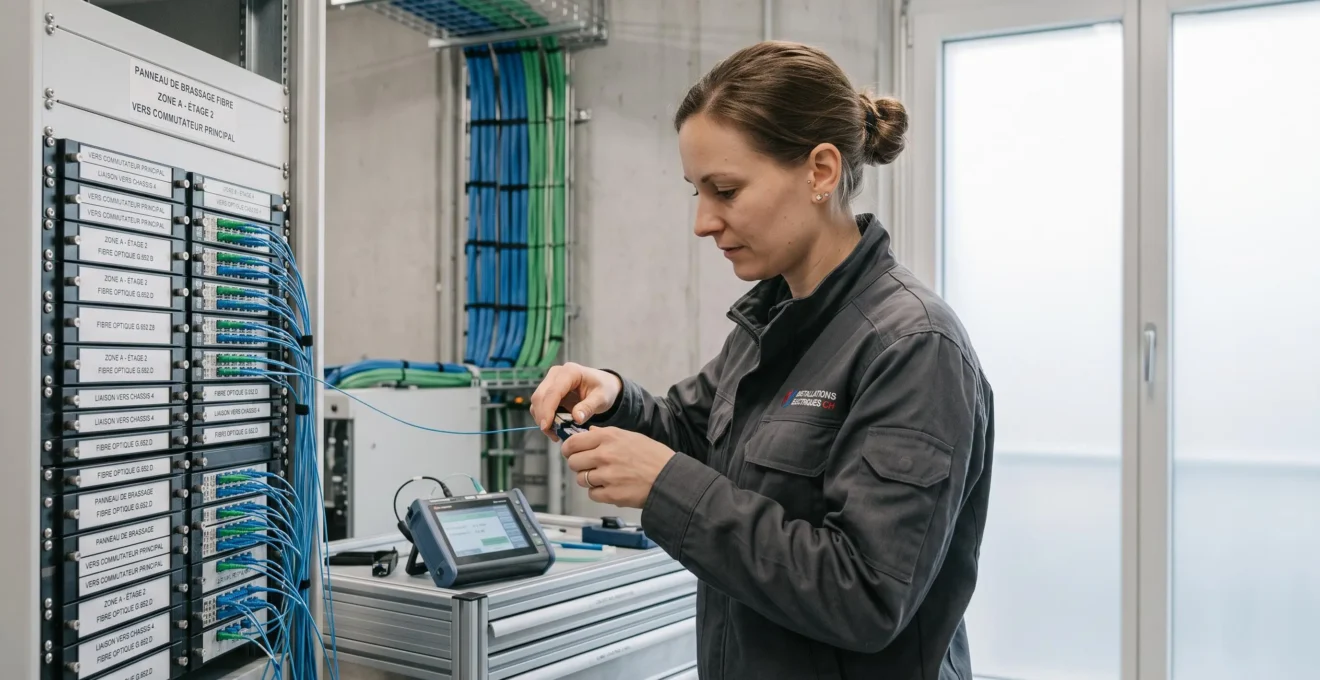 Technicien professionnel effectuant une intervention sur équipements électriques modernes dans un environnement industriel